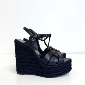 SAINT LAURENT Tribute Wedge Espadrilles 38.5 Black Leather Braided Jute Platform